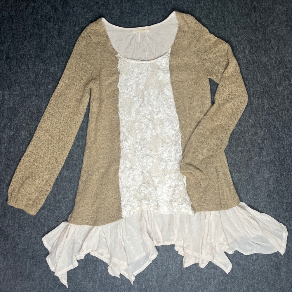 RYU Tan Knit Lace Front Ruffle Hem Tunic Top Cottagecore‎ Boho Women Long Sleeve